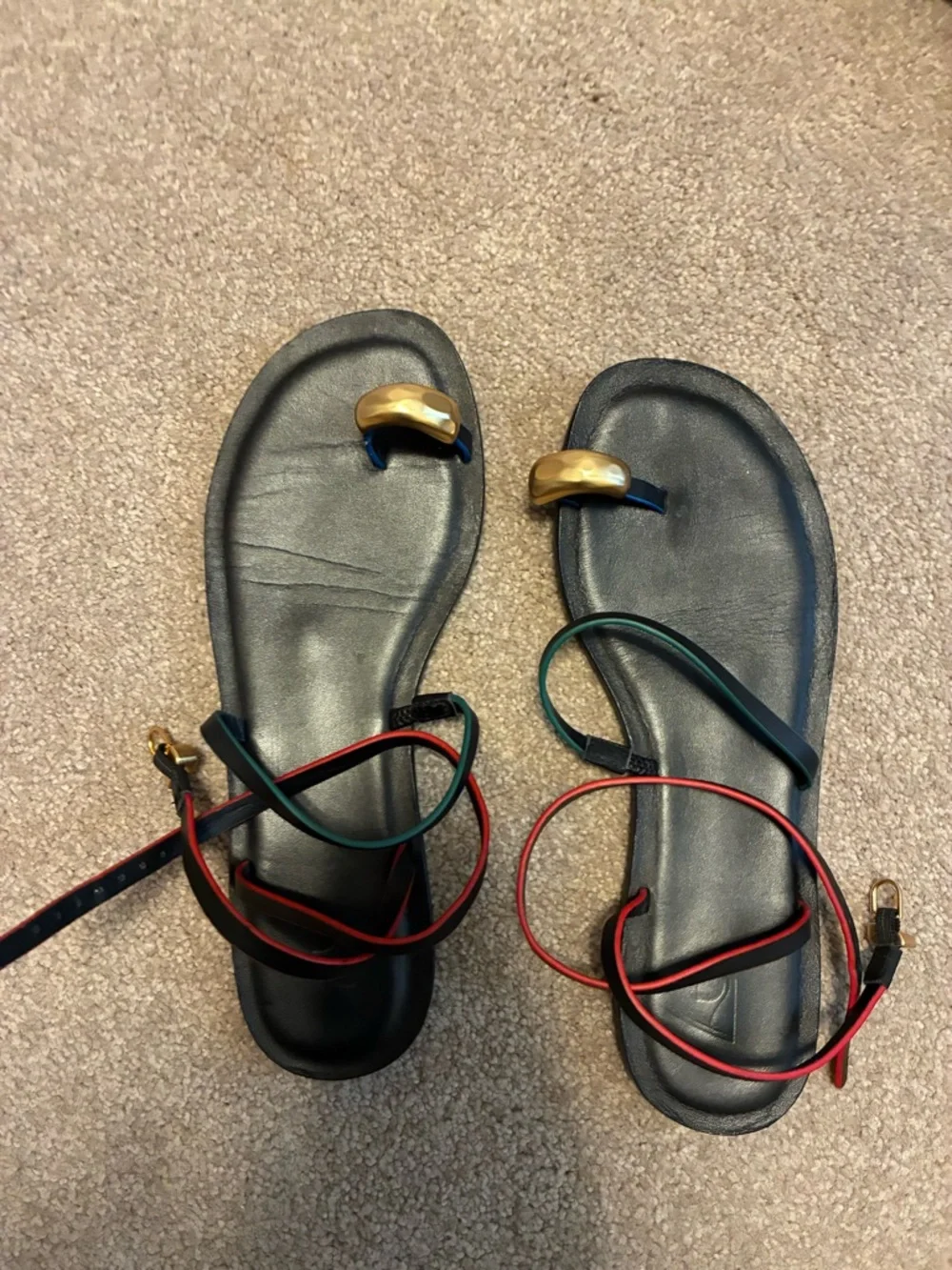Larroude Biarritz Black Toe-Ring Ankle-Strap Sandals with Gold Accent - Picture 4 of 5